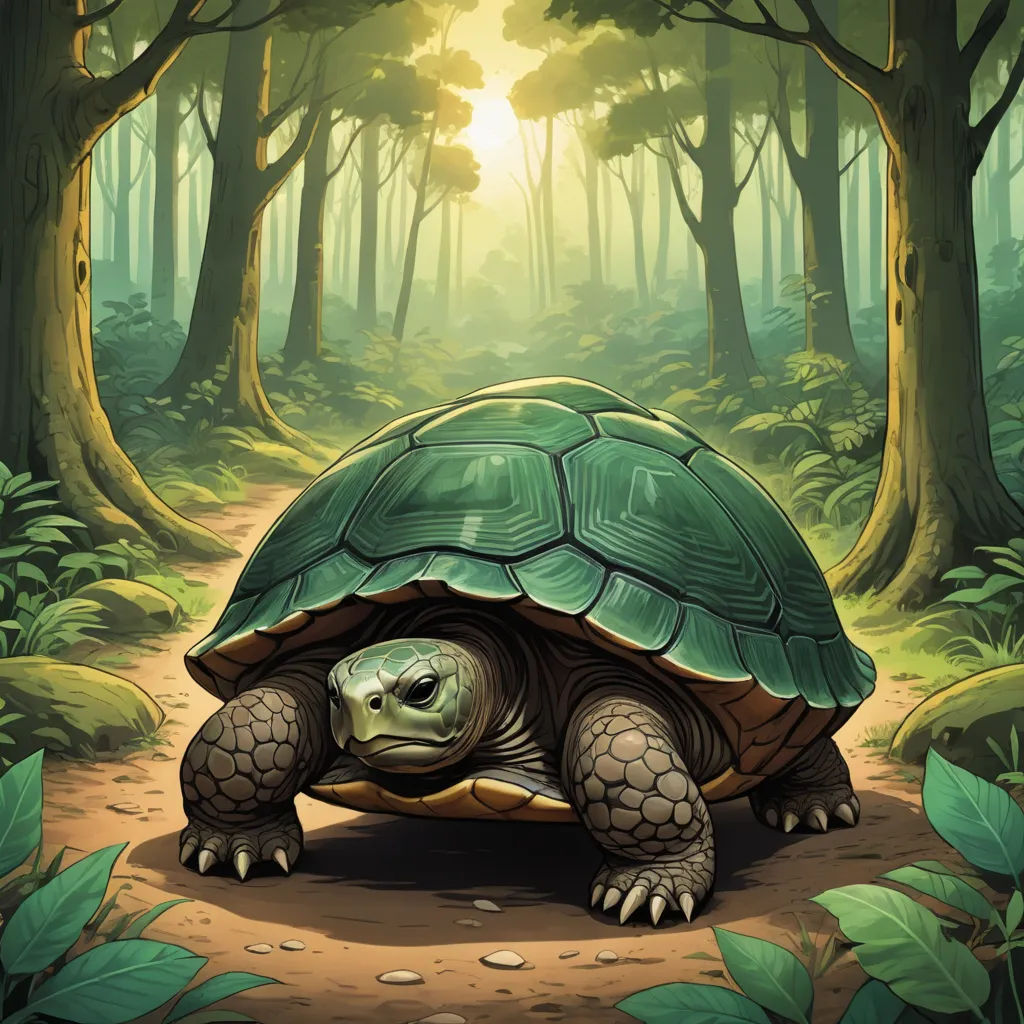 a turtle is walking through a forest with trees and leaves on the ground and a sun shining through the trees, sots art, a storybook illustration, Brom, magic the gathering artwork