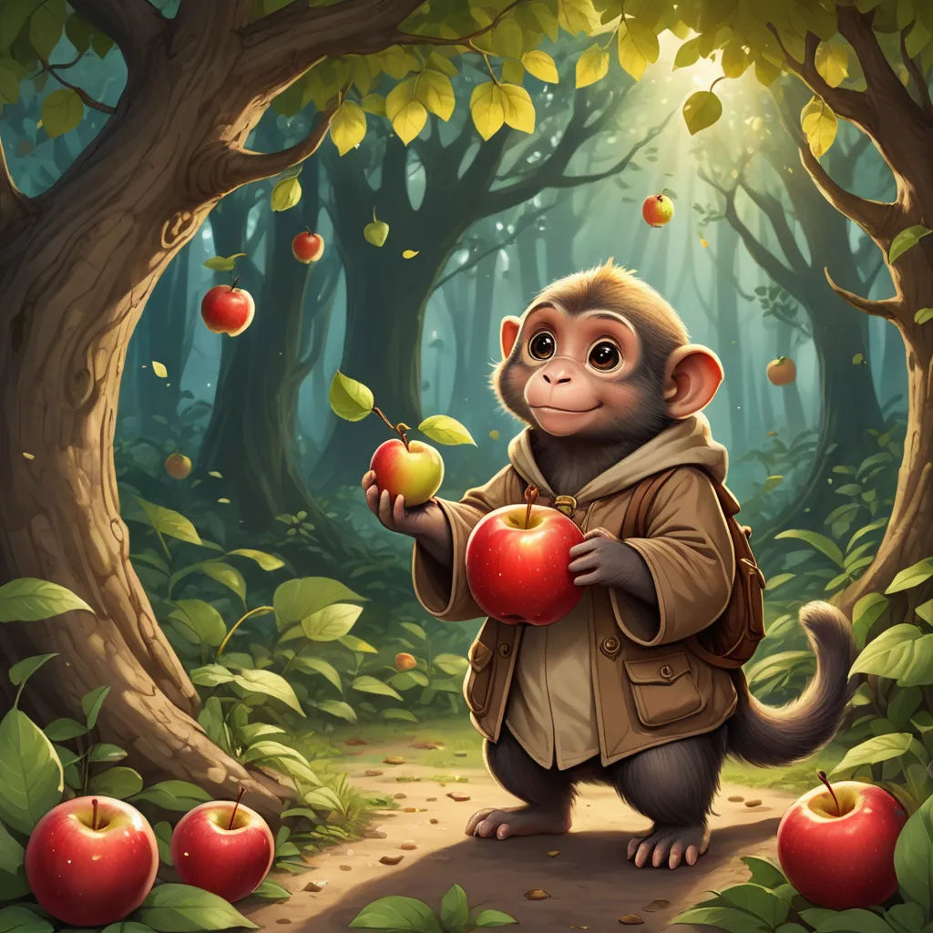 a monkey holding an apple in a forest with apples falling from the trees and leaves around him, with a path leading to the trees, fantasy art, a storybook illustration, Chris LaBrooy, trending on art station