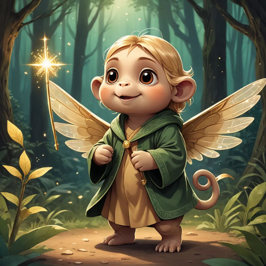 a cartoon character dressed as a fairy holding a wand in a forest with a star in its hand and a green coat, fantasy art, a storybook illustration, Chris Rallis, magic the gathering artwork