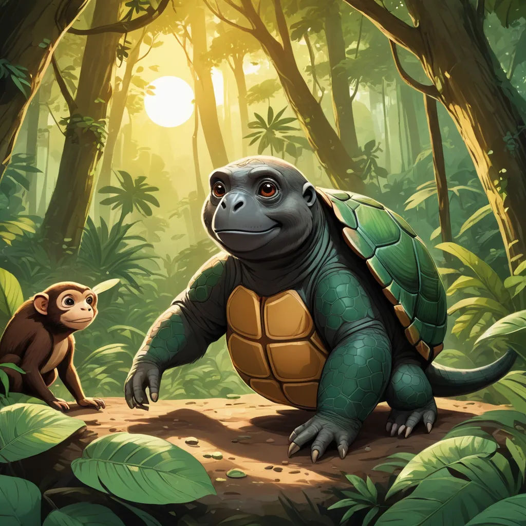 a turtle and a monkey in a jungle with sunlight shining through the trees and leaves on the ground,, sots art, a storybook illustration, Chris LaBrooy, official art