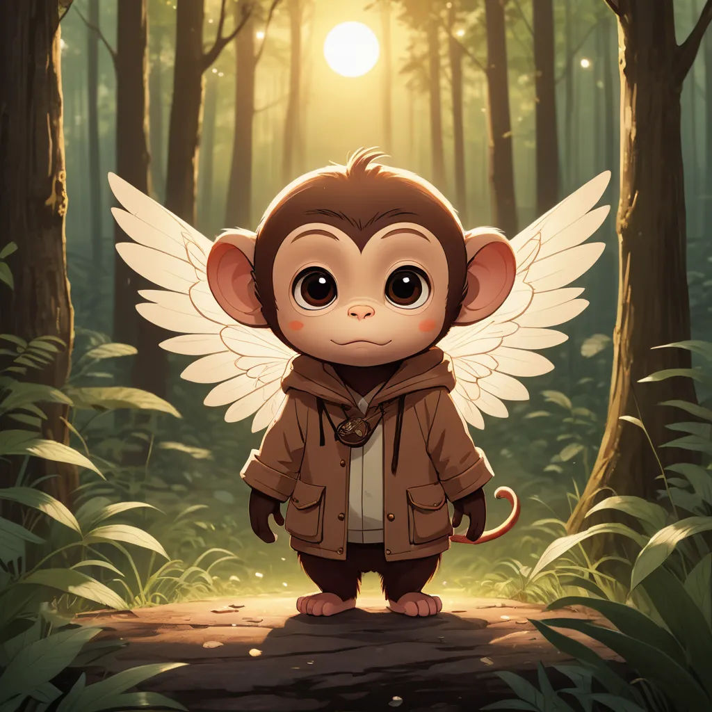 a monkey with wings standing in the middle of a forest with a sun shining through the trees behind it, furry art, a painting, Cliff Childs, trending on art station