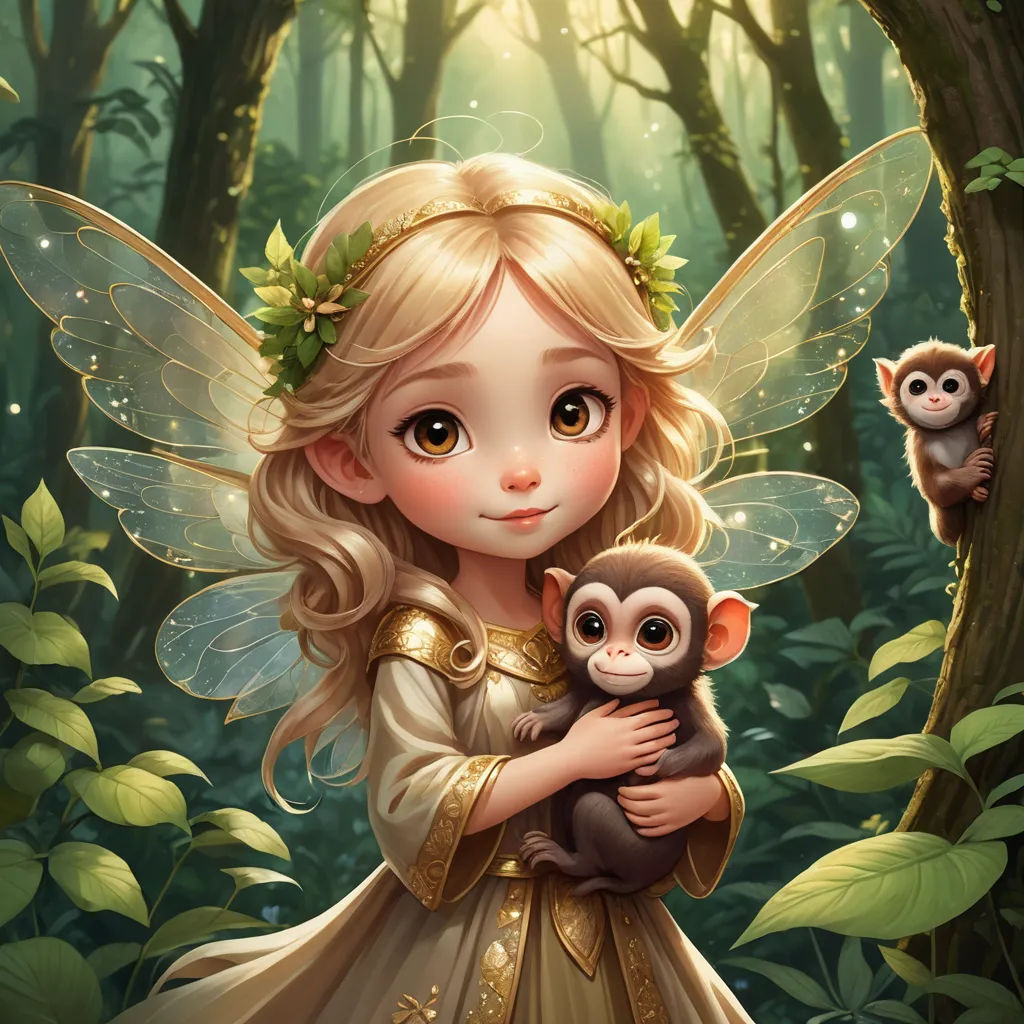 a little girl holding a monkey in a forest with a monkey on her shoulder and a monkey on her shoulder, fantasy art, a storybook illustration, Cliff Childs, storybook illustration