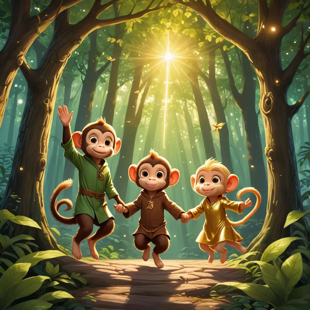 three monkeys are walking through a forest with a light shining on them and a person holding the hands of another monkey, sots art, a storybook illustration, Chris LaBrooy, promotional image