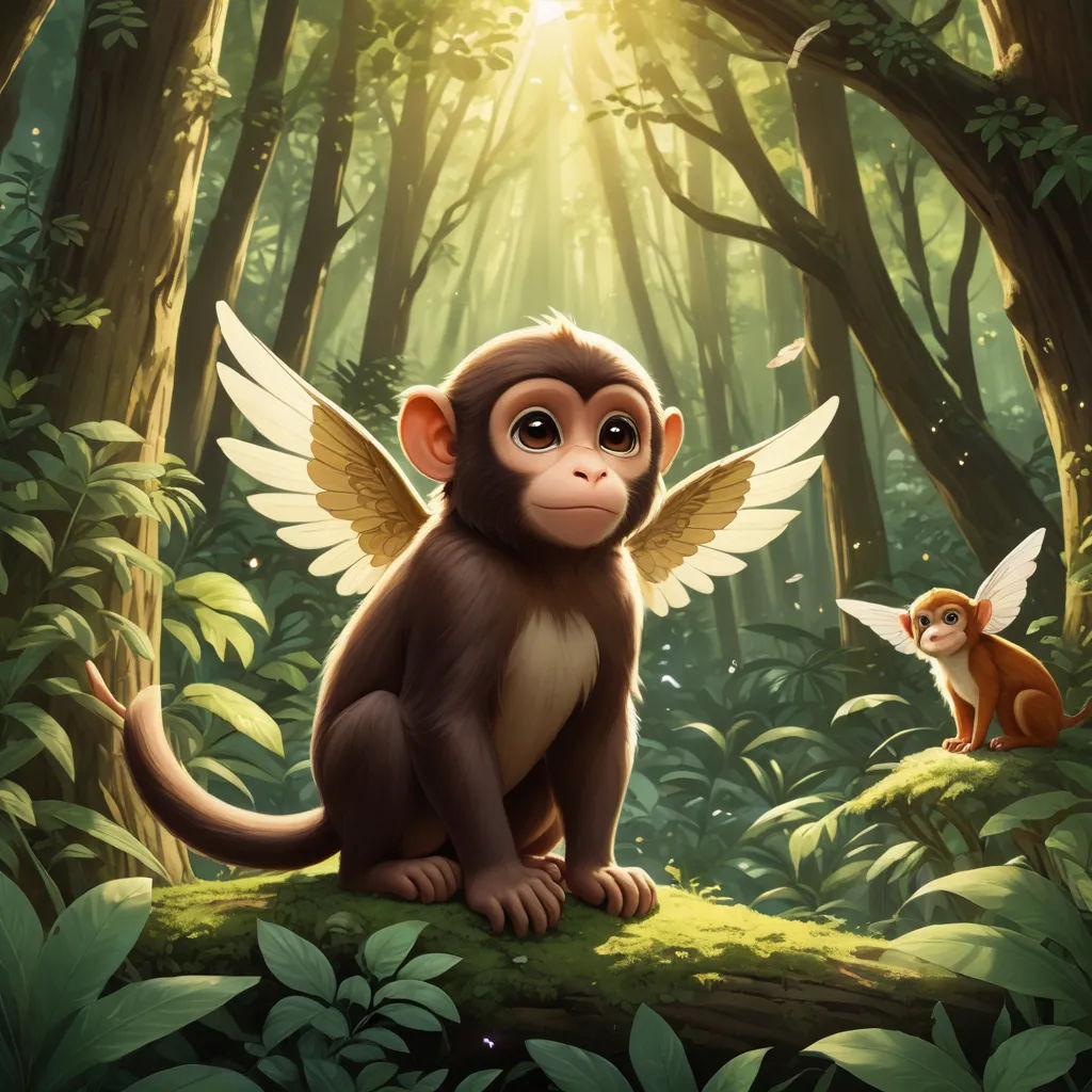 a monkey and a fox in a forest with sunlight shining through the trees and leaves on the ground, with a bird in the foreground, fantasy art, a storybook illustration, Chris LaBrooy, official art