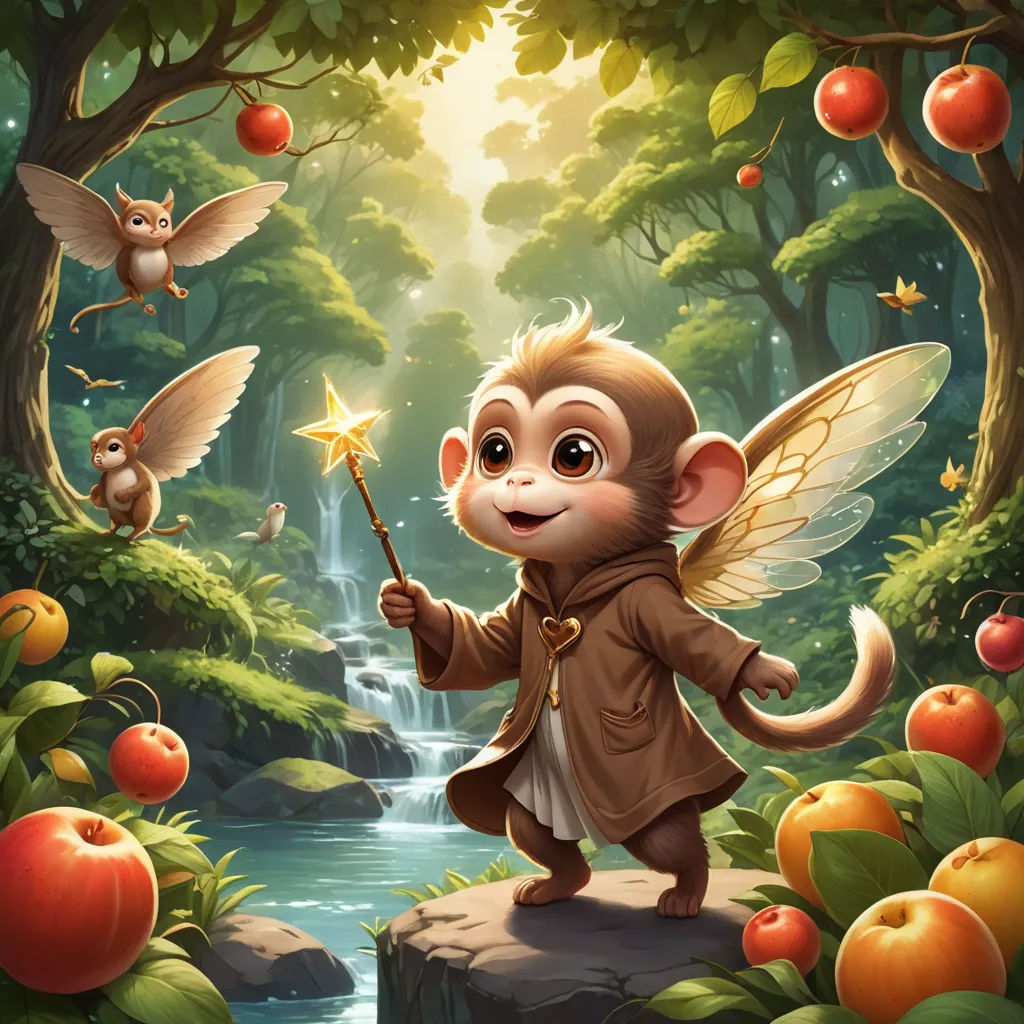 a monkey with a wand in a forest with apples and a waterfall and a waterfall with a waterfall and a monkey holding a wand, fantasy art, a storybook illustration, Chen Chun, fantasy artwork