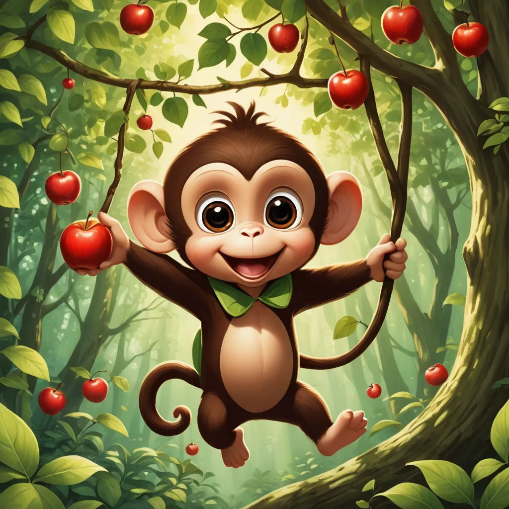 a monkey hanging on a tree with apples in the forest behind it and a green bow tie around his neck, pop surrealism, a storybook illustration, Eddie Mendoza, cute and funny