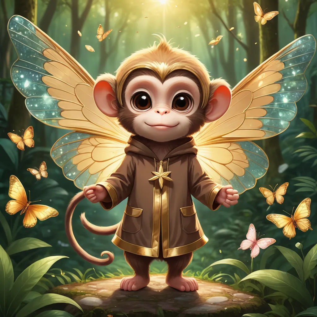 a monkey dressed in a fairy outfit standing in a forest with butterflies around it and a light shining on its back, fantasy art, a character portrait, Diego Gisbert Llorens, highly detailed digital painting