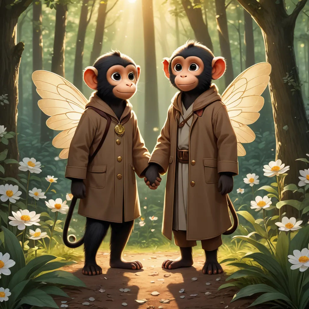 two monkeys dressed in brown coats holding hands in a forest with daisies and daisies around them, with a sun shining through the trees, furry art, a comic book panel, Diego Gisbert Llorens, official art