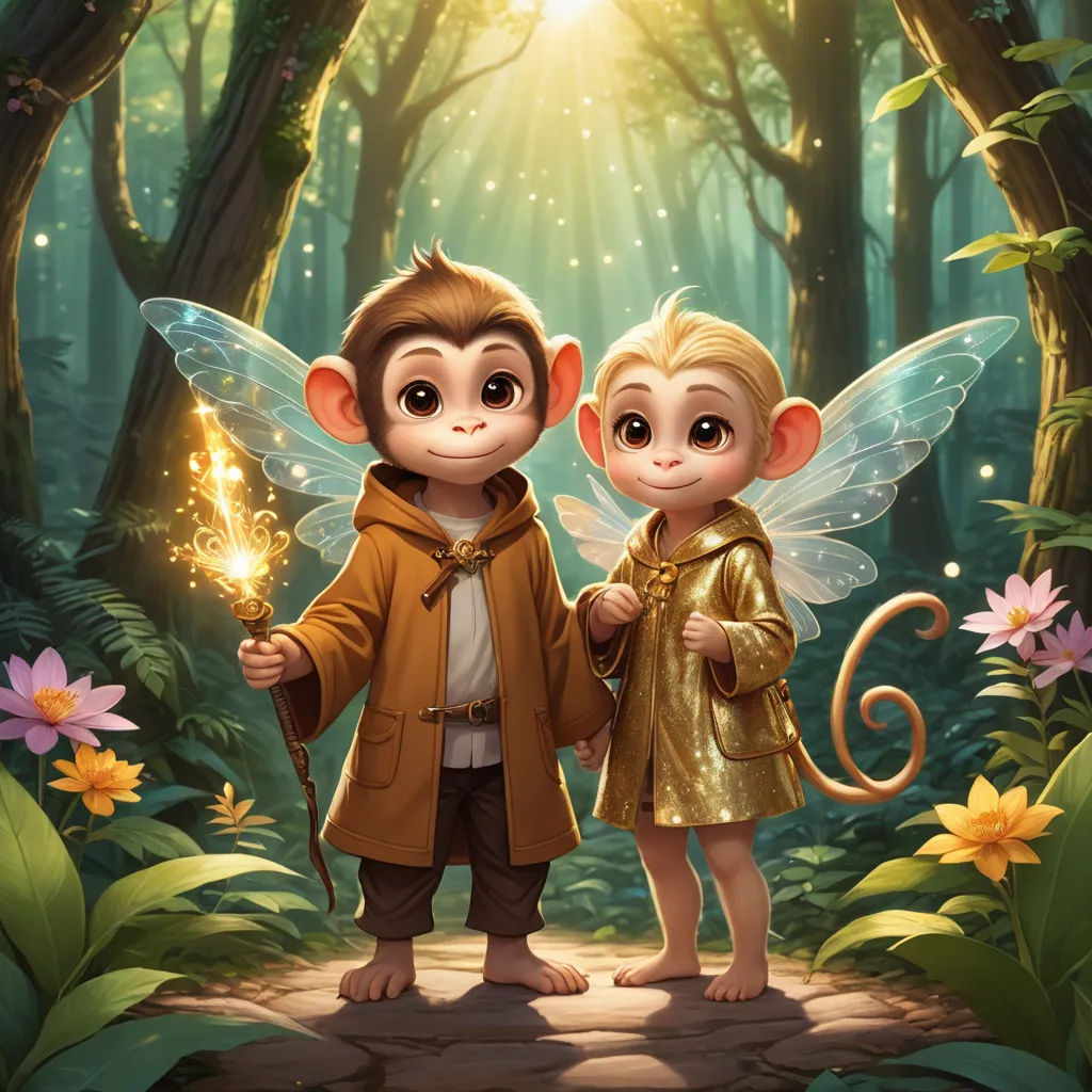 two monkeys dressed in gold holding sparklers in a forest with flowers and trees in the background, with a monkey holding a staff, fantasy art, a storybook illustration, Cliff Childs, official art
