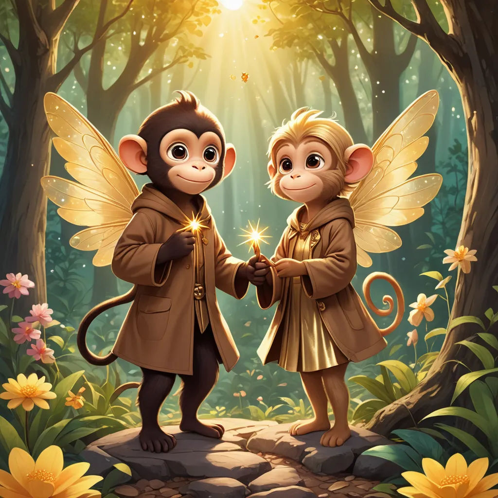 two monkeys in a forest holding hands with a light shining through the trees behind them, with a sun shining through the trees behind them, fantasy art, a storybook illustration, Drew Struzan, official art