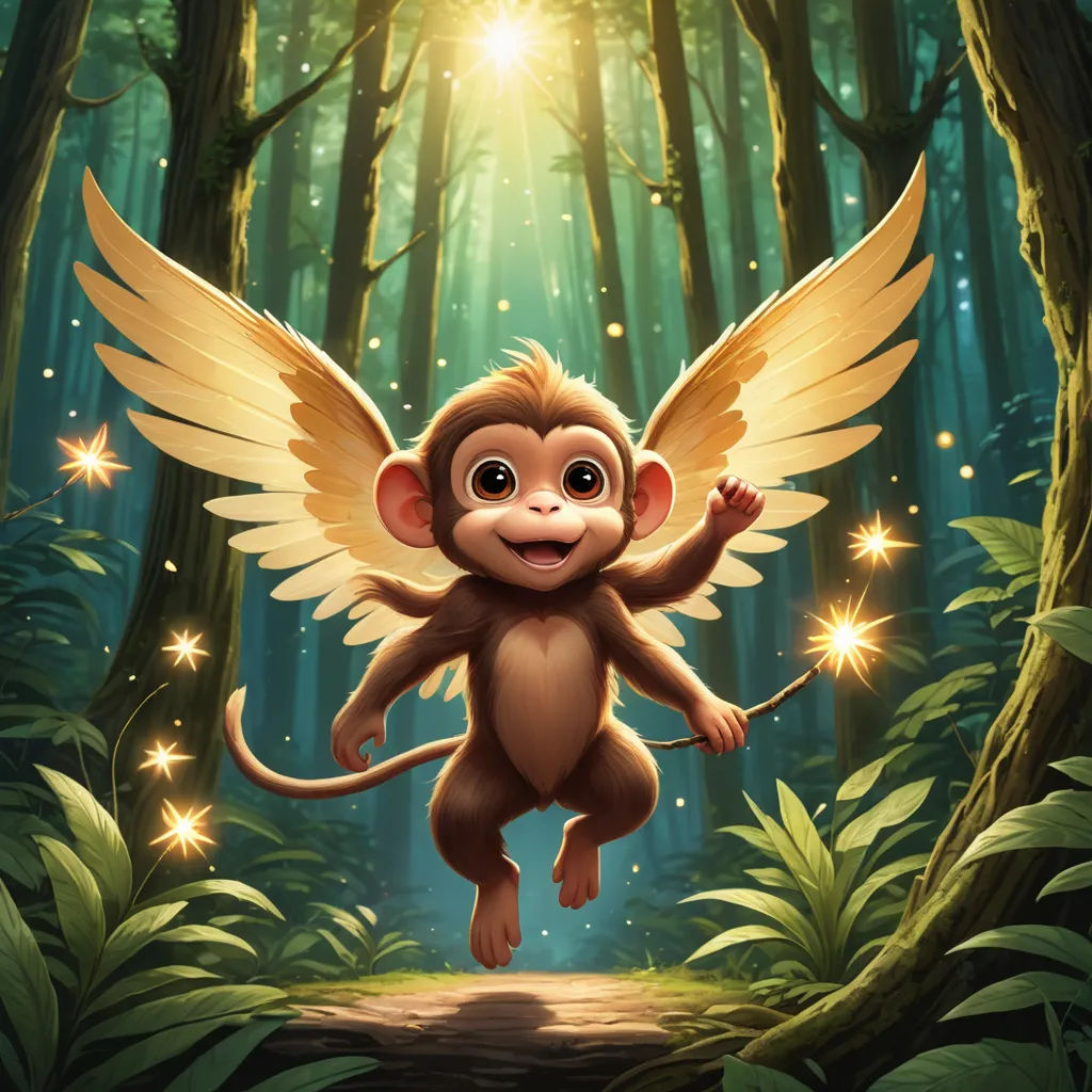 a monkey flying through a forest with wings and a halo above it's head, with a light shining on its back, fantasy art, an airbrush painting, Chris LaBrooy, rossdraws global illumination