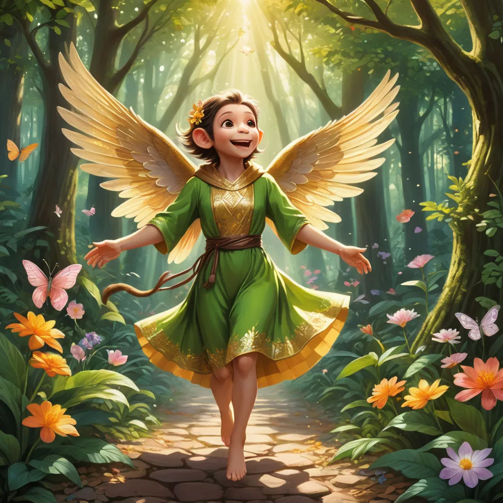 a little girl dressed in a green dress with wings and a halo in the forest with flowers and butterflies, fantasy art, a storybook illustration, Clint Cearley, official art