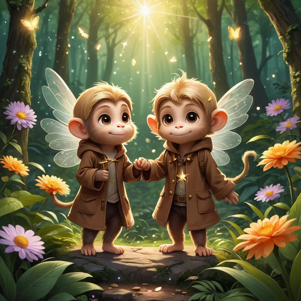 two little monkeys are standing in the woods holding hands with each other and a glowing star above them is shining above them, fantasy art, a fine art painting, Cynthia Sheppard, trending on art station