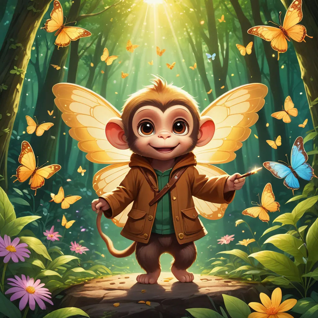 a monkey with a jacket on standing in the middle of a forest with butterflies around it and a butterfly in the background, fantasy art, a storybook illustration, Cliff Childs, official art