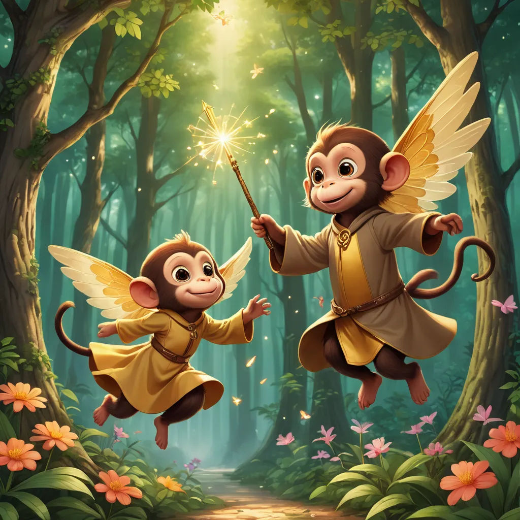 two monkeys flying in the air with sparklers in their hands in a forest with flowers and trees, and a path leading to a light, fantasy art, a storybook illustration, Chris LaBrooy, official art