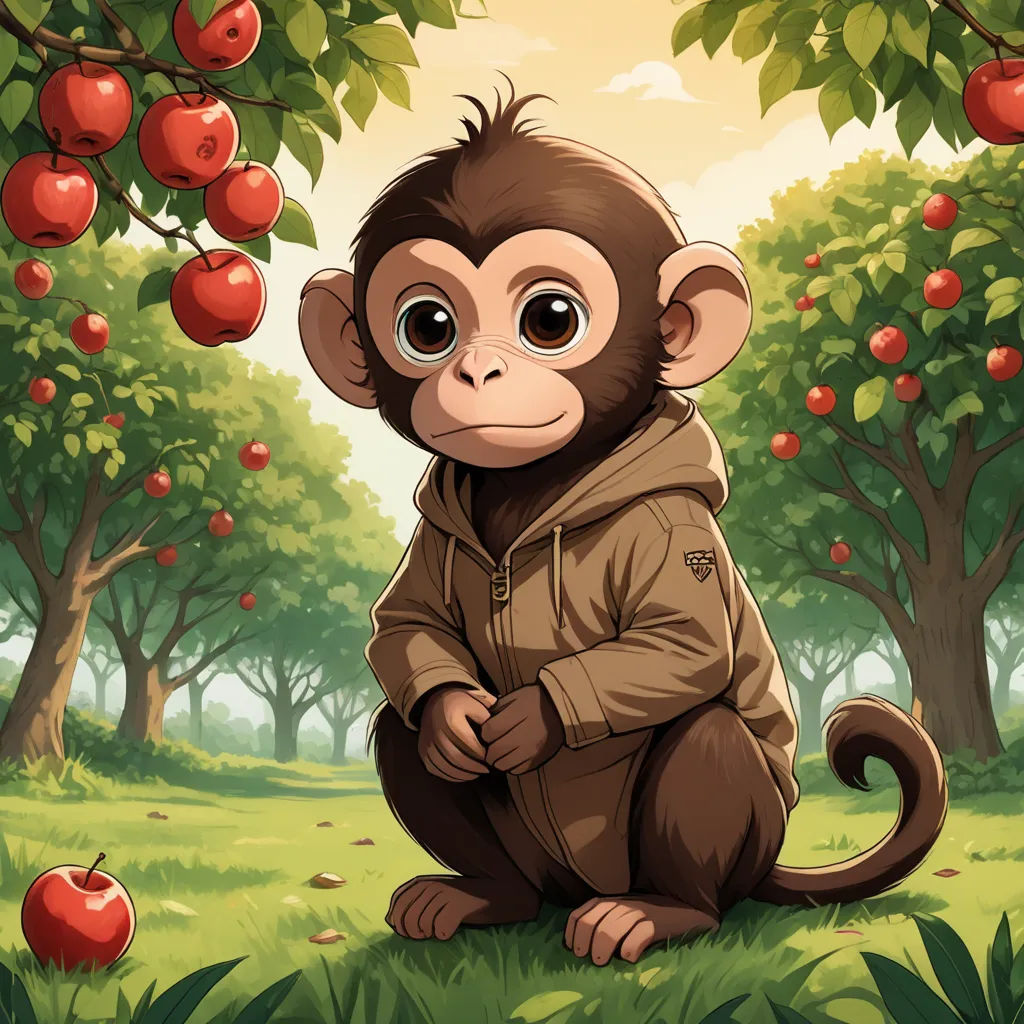 a monkey in a jacket sitting in the grass near a tree with apples on it and a background of trees and grass, sots art, a character portrait, Diego Gisbert Llorens, official art