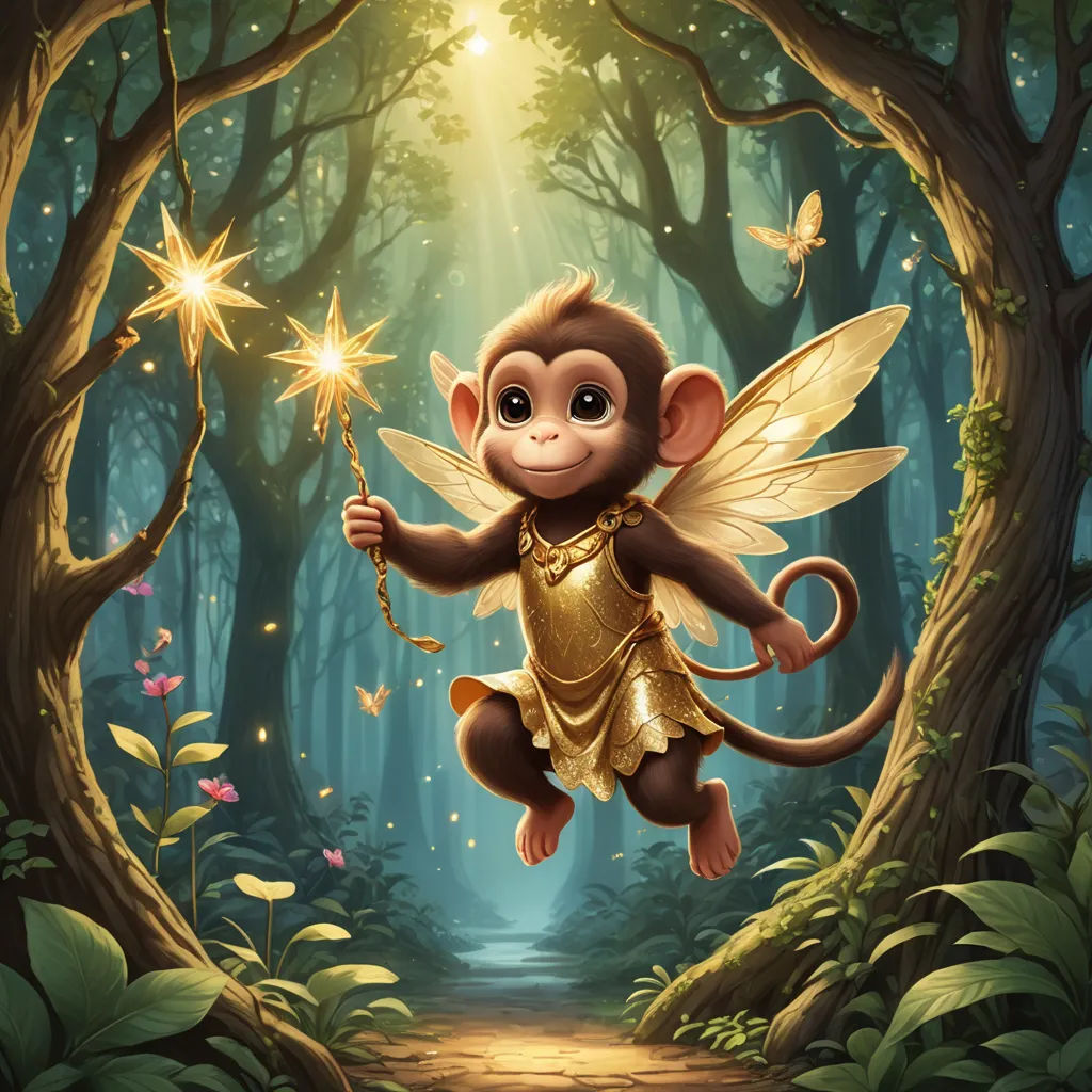 a monkey flying through a forest holding a sparkler in its hand and a star in its hand with a light shining through the forest, fantasy art, a storybook illustration, Ed Binkley, fantasy artwork