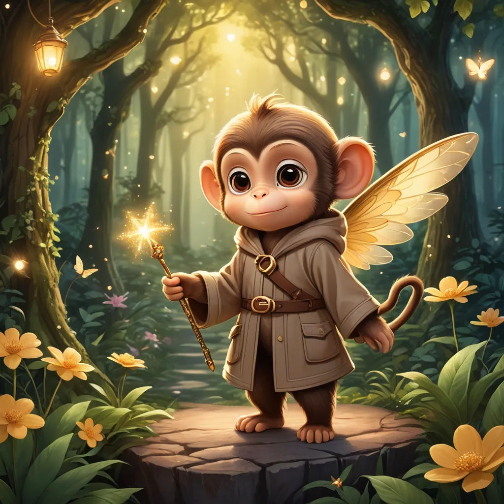 a monkey dressed in a coat holding a wand in a forest with flowers and butterflies around it, with a light shining on its face, fantasy art, a storybook illustration, Cliff Childs, fantasy artwork