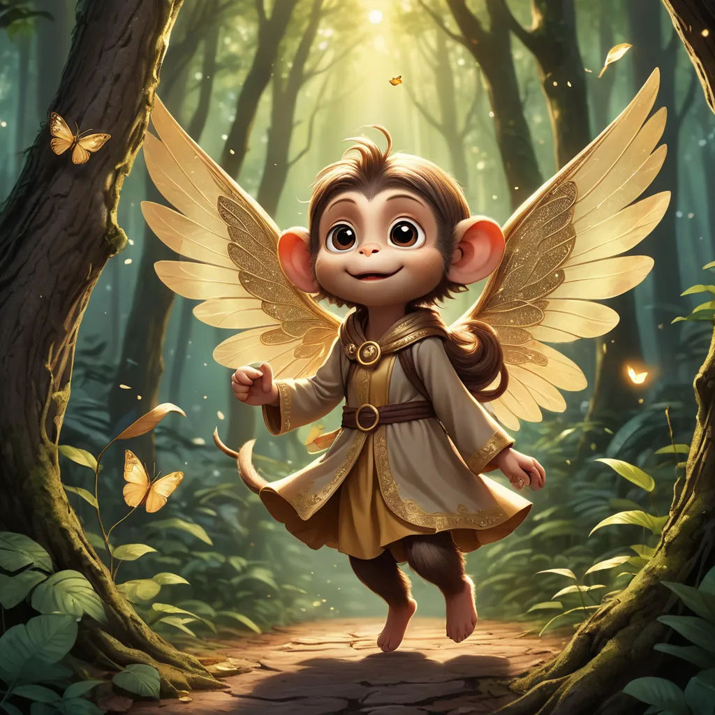 a cartoon monkey with wings in a forest with butterflies flying around it's feet and a yellow dress, fantasy art, a painting, Chris Rallis, magic the gathering artwork