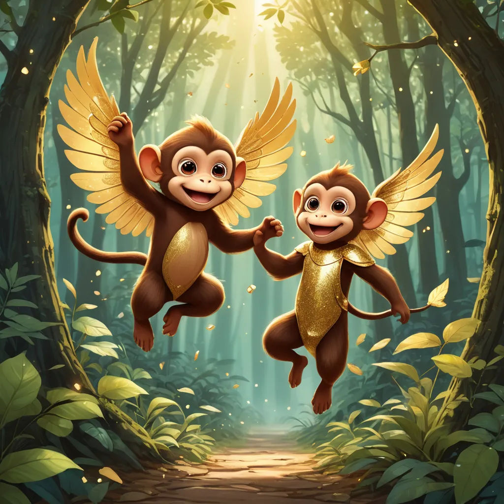 two monkeys are dancing in the forest with wings on their backs and wings spread out, with sunlight shining through the trees, fantasy art, poster art, Chris LaBrooy, official art