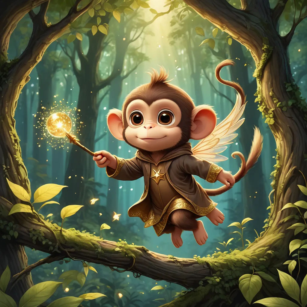 a monkey with a wand in a forest with a light in its hand and a glowing orb in its hand, fantasy art, an airbrush painting, Chris LaBrooy, fantasy artwork