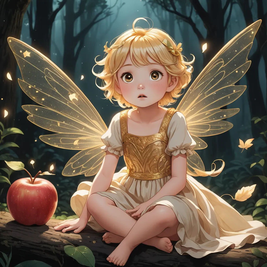 a little fairy sitting on a log with an apple in front of her and a forest background with leaves, fantasy art, a storybook illustration, Charlie Bowater, rossdraws global illumination