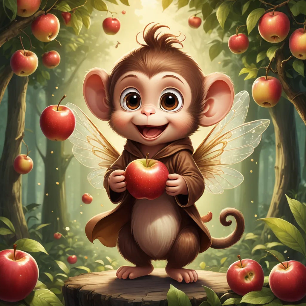 a monkey holding an apple in a forest with apples around it and a forest background with trees and leaves, fantasy art, a storybook illustration, Ed Binkley, highly detailed digital painting