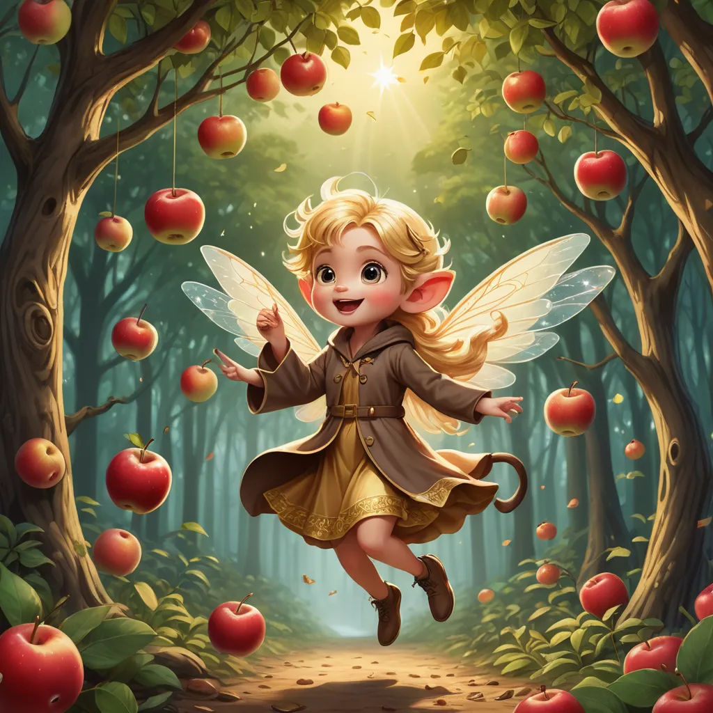 a fairy flying through a forest filled with apples on a sunny day with a fairy on her back and a forest full of red apples, fantasy art, a storybook illustration, Chris Rallis, rossdraws global illumination