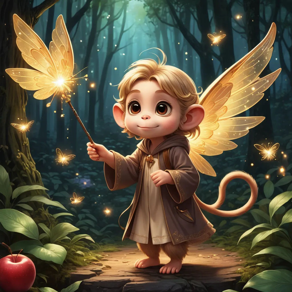 a little fairy with a wand in a forest with a monkey on it's back and a monkey on its back, fantasy art, an airbrush painting, Cliff Childs, fantasy artwork