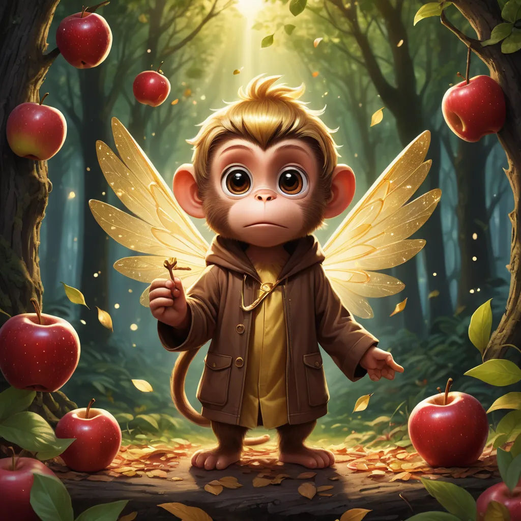 a monkey dressed as a fairy holding a wand in a forest with apples on the ground and a light shining on the ground, fantasy art, a fine art painting, Cliff Childs, magic the gathering artwork