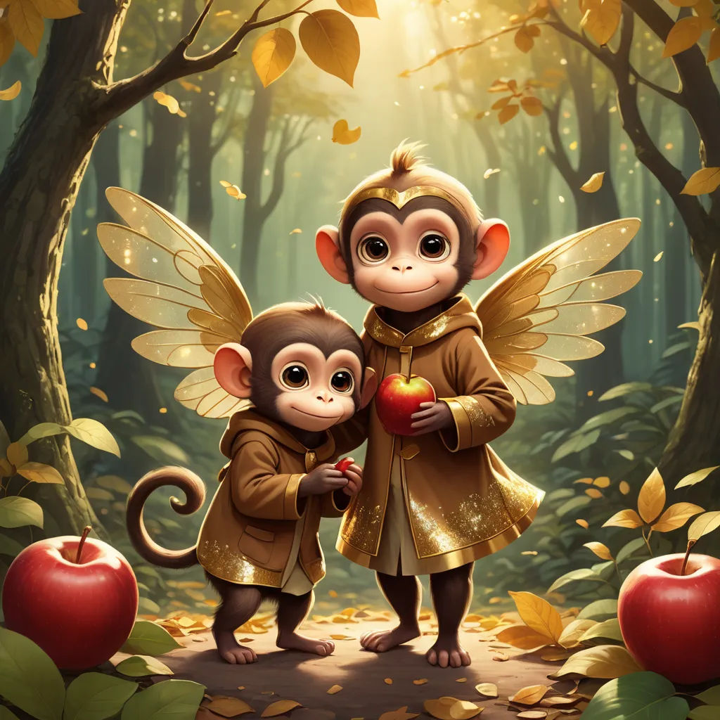two monkeys dressed in golden clothes holding an apple in a forest with leaves and trees surrounding them, with a sun shining through the trees, fantasy art, a storybook illustration, Chen Chun, highly detailed digital painting
