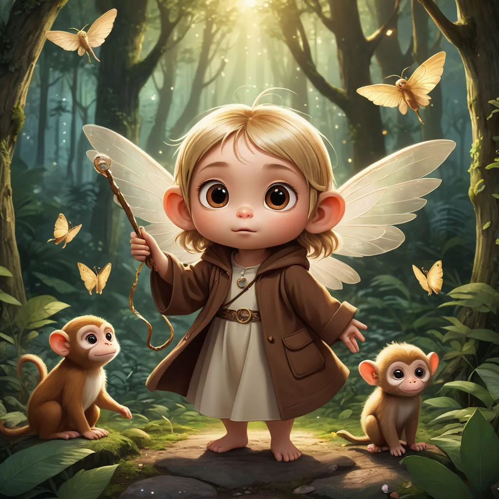 a little girl with a wand and monkey in the woods with butterflies around her and a monkey on the ground, fantasy art, a storybook illustration, Cliff Childs, trending on art station