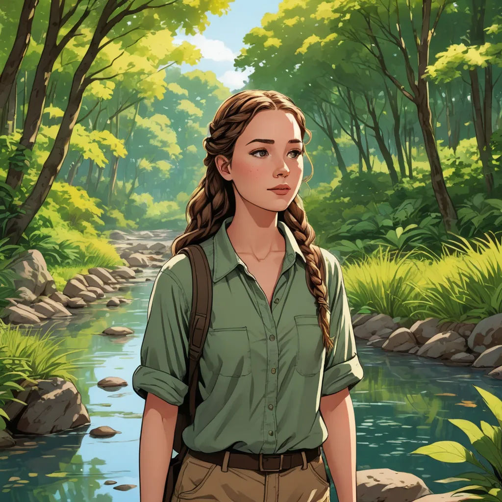 a painting of a girl standing in front of a river with a backpack on her back and a forest in the background, sots art, a character portrait, Ada Hill Walker, official art
