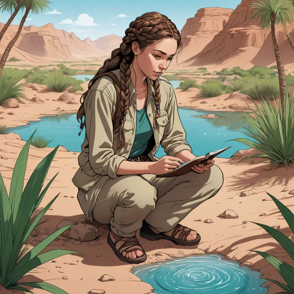 a woman sitting on a rock next to a small pond of water and palm trees in the background,, plein air, a character portrait, Dan Mumford, leesha hannigan