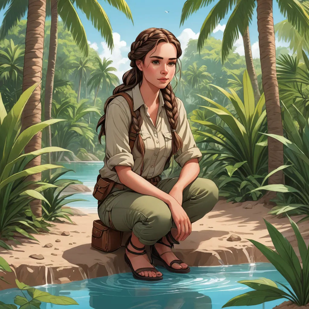 a woman kneeling down next to a river in a forest with palm trees and a stream of water in front of her, fantasy art, a character portrait, Ada Gladys Killins, cushart krenz