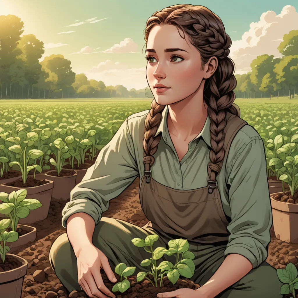a woman kneeling down in a field with plants in her hands and a sky background with clouds and trees, context art, a comic book panel, Elinor Proby Adams, official art