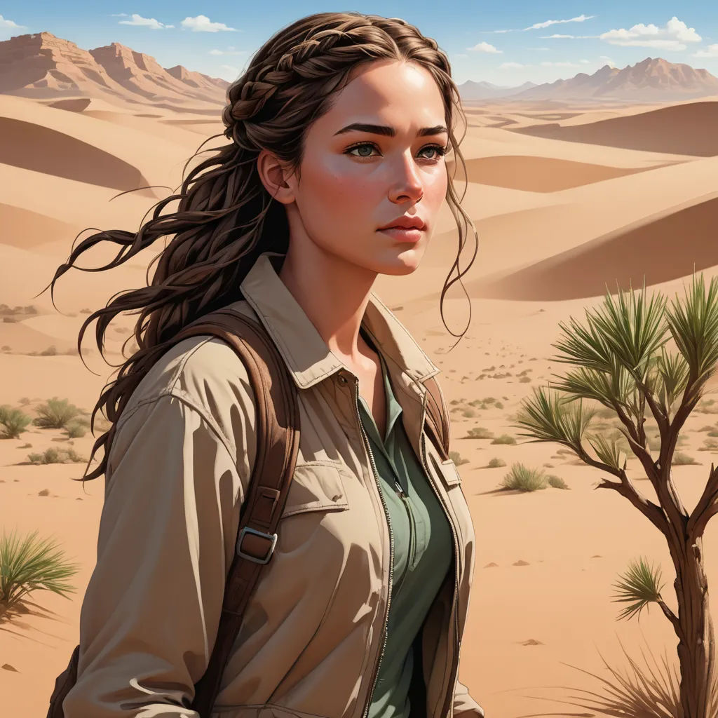 a painting of a woman in the desert with a desert background and a desert landscape in the background, with a few trees and sand dunes, fantasy art, a character portrait, Clint Cearley, desert