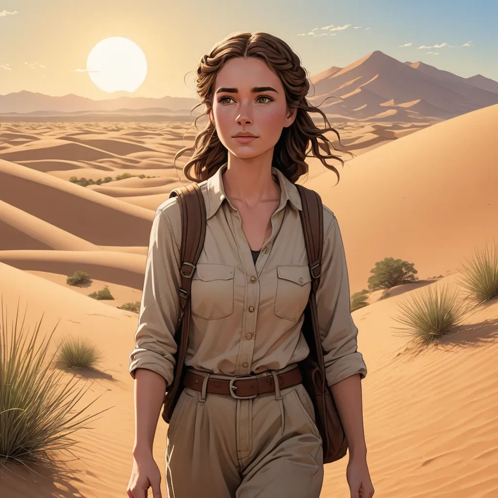 a painting of a woman walking in the desert with a backpack on her back and a desert landscape in the background, serial art, a detailed matte painting, Clint Cearley, desert
