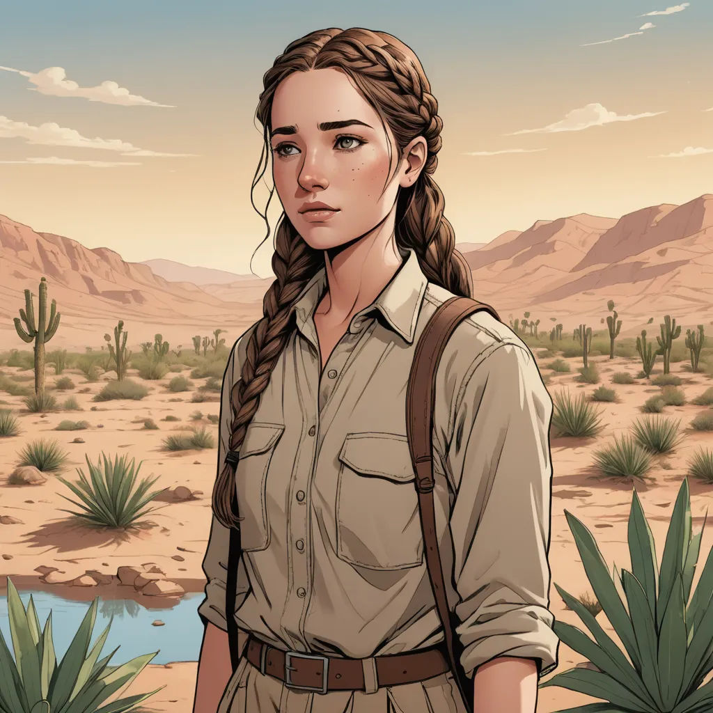 a woman with a braid standing in the desert with a desert landscape in the background and a cactus in the foreground, serial art, a character portrait, Charlie Bowater, official art