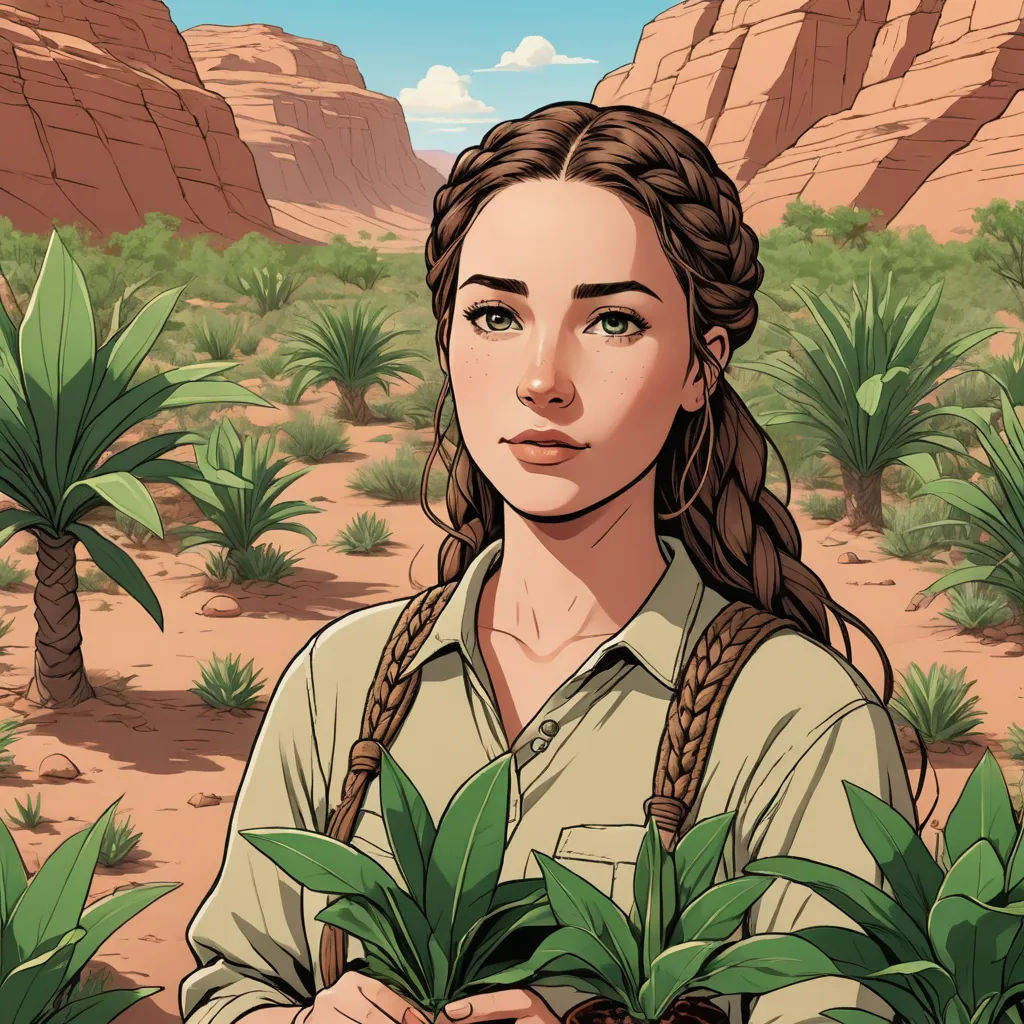 a woman with braids holding a plant in a desert area with mountains in the background and a sky, primitivism, a character portrait, Colin Middleton, western comic book art
