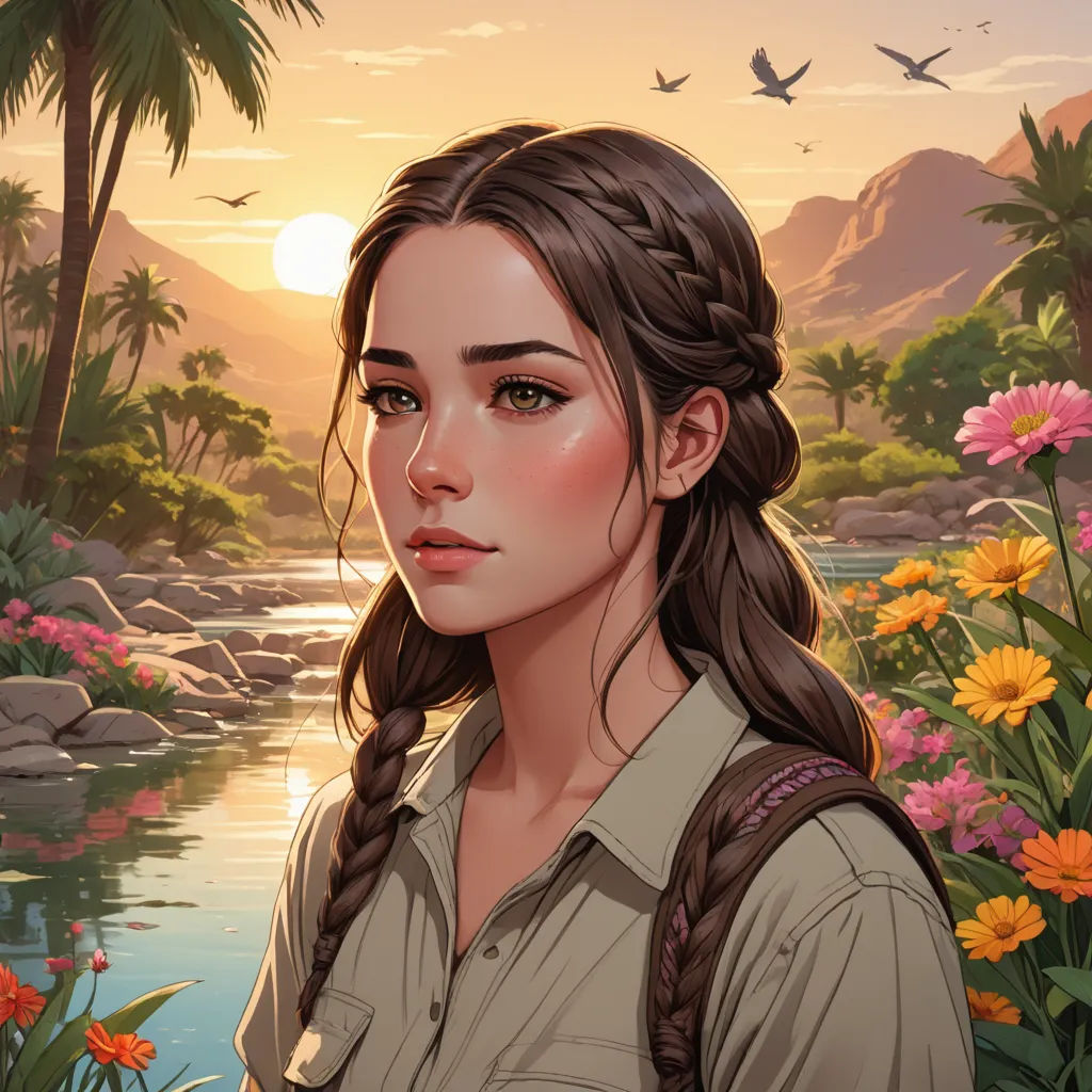 a woman with a braid standing in front of flowers and a river with birds flying overhead and a sunset behind her, fantasy art, a character portrait, Constance Gordon-Cumming, rossdraws global illumination