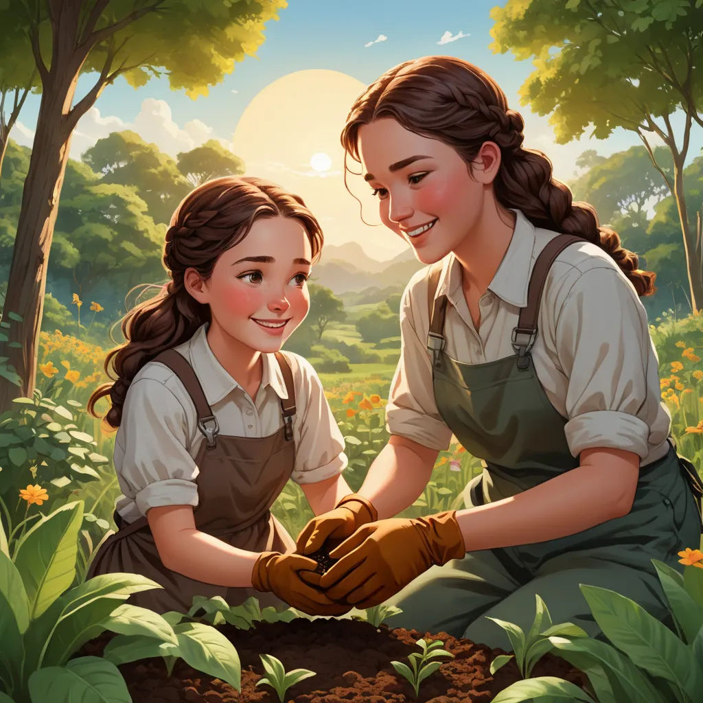 a painting of two girls in a garden with a sun setting behind them and a field of flowers behind them, american scene painting, a storybook illustration, Brothers Hildebrandt, trending on art station
