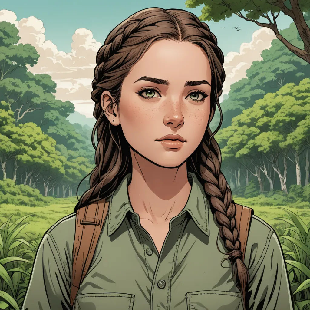a girl with long hair and a backpack standing in a forest with trees and grass in the background, with a sky background, sots art, a character portrait, Ada Hill Walker, leesha hannigan