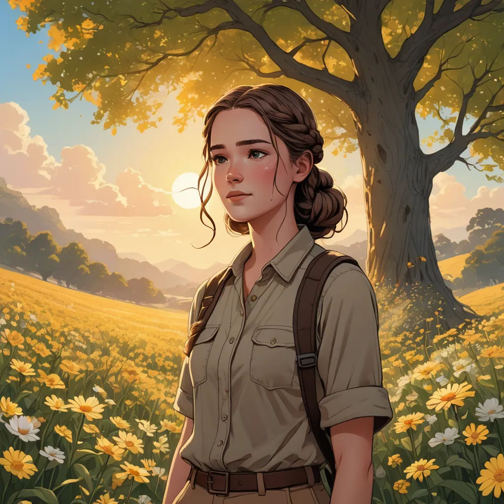 a painting of a woman standing in a field of flowers with a tree in the background and a sun setting, serial art, a character portrait, Cedric Seaut (Keos Masons), official art
