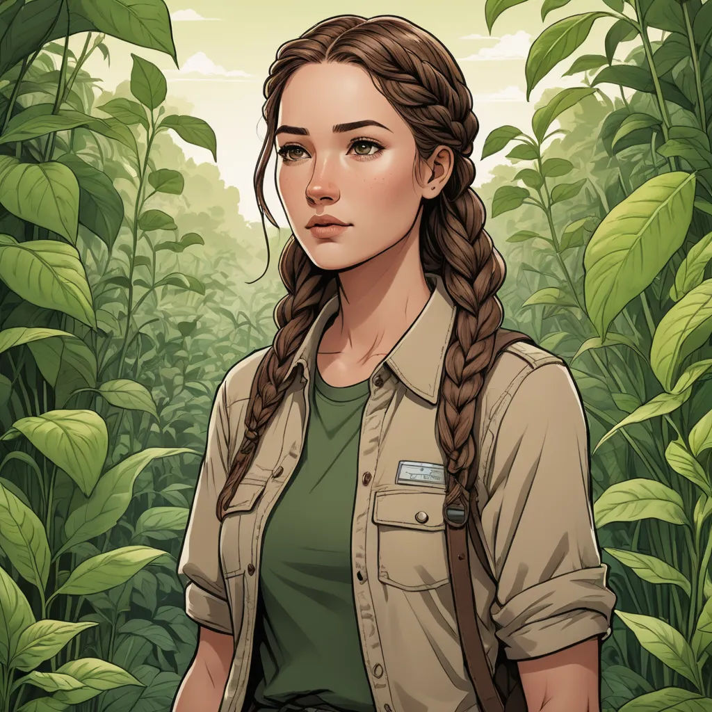 a woman with long hair standing in a jungle with a backpack on her shoulder and a green shirt on, sots art, a character portrait, Constance Gordon-Cumming, leesha hannigan