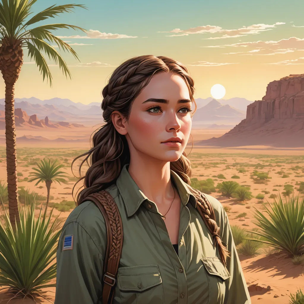 a painting of a woman in a desert setting with a palm tree in the background and a mountain range in the distance, serial art, a character portrait, Dan Mumford, desert