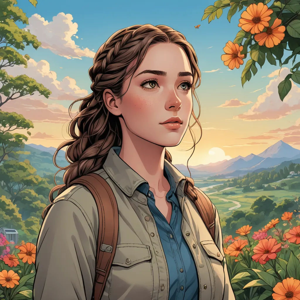 a woman with a backpack standing in front of flowers and trees with a sunset in the background and a mountain range, naturalism, a character portrait, Cedric Seaut (Keos Masons), rossdraws global illumination