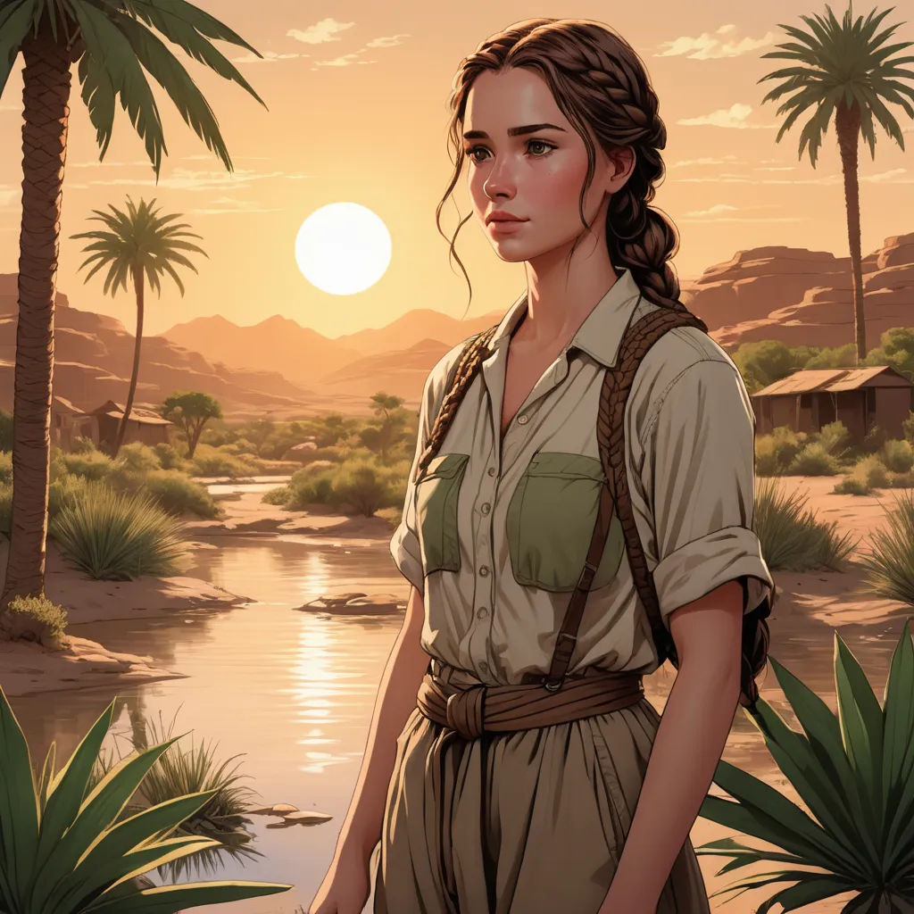 a woman standing in front of a river with palm trees in the background and a sunset in the background, fantasy art, a detailed matte painting, Christophe Vacher, cushart krenz