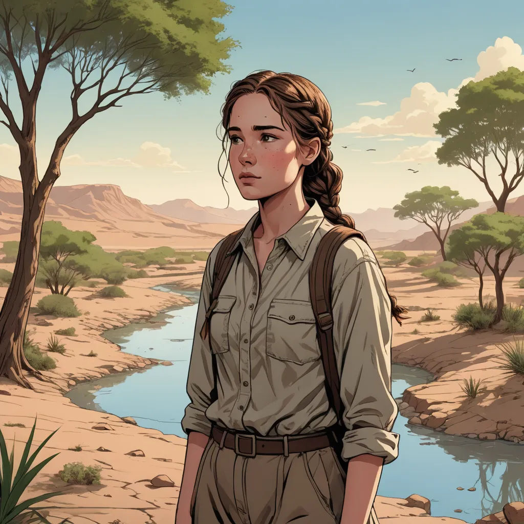 a woman standing in the desert with a backpack on her shoulder and a river running through the desert behind her, serial art, a comic book panel, Atey Ghailan, comic cover art