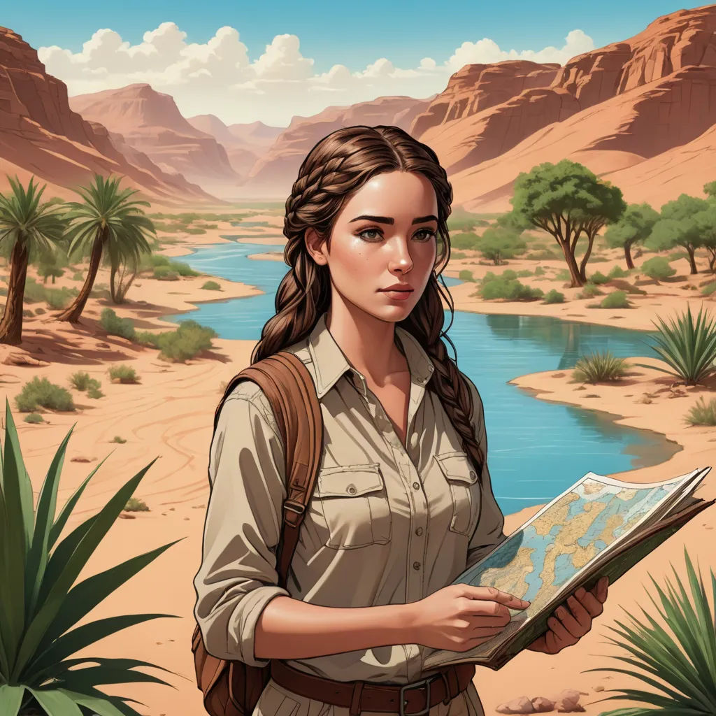 a woman is standing in the desert holding a map and a backpack and looking at the camera with a river in the background, fantasy art, a character portrait, Colin Middleton, desert